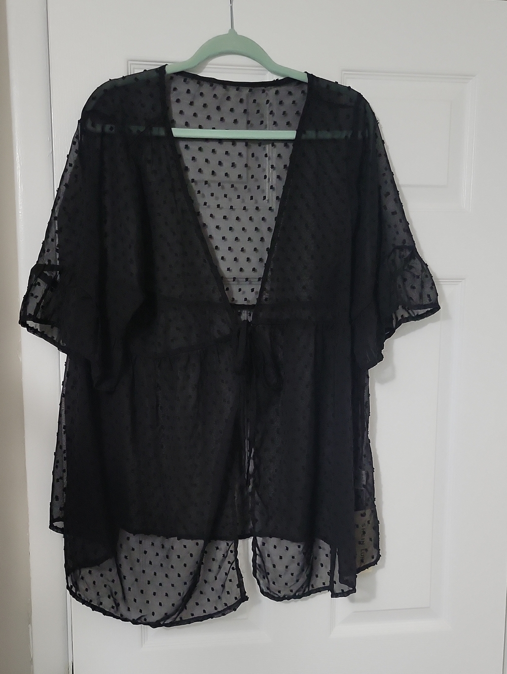 SHEIN Black Sheer Polka Dot Short Sleeve Robe with Front Tie
